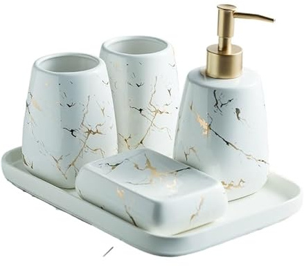 Bathroom Sets Botella de cerámica rellenable con Bomba for baño Moderno, Ideal for tocador. Contiene Enjuague bucal, Taza y platillo Coastal Decor(White,5)
