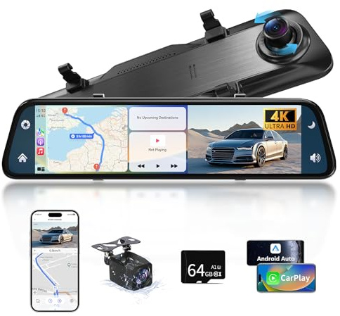 2026 Neuestes 12,5 Zoll 4K Rückfahrkamera Spiegel mit Wireless CarPlay Android Auto, Dashcam Auto Spiegel mit Einparkhilfe Navigation Loop-Aufnahme Bluetooth Mirror Link WDR AUX 64G SD-Karte