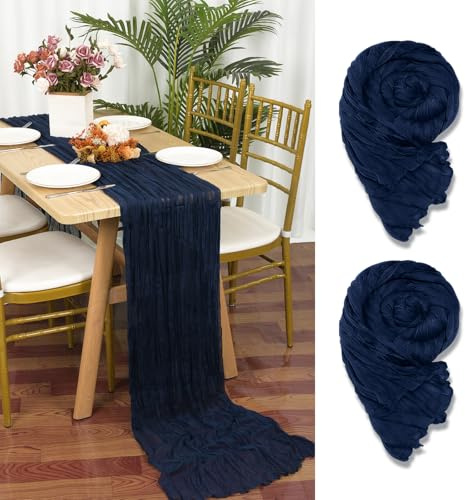 2 Stück Seihtuch Tischläufer Marine Blau,55 x 300 cm Dunkelblau Gaze Stoff Boho Tischläufer Käsetuch Cheesecloth Tischläufer Hochzeit Tischdecke für Hochzeitsfeier Brautparty Tischdekoration