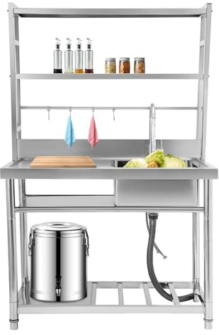 Spültisch & Küchenspüle mit Unterschrank, Edelstahl Spülbecken Küche Freistehende Gastrospüle mit Haken, Wasserhahn & 3-Etagen Regal, Kommerzielle Spüle für Restaurants & Hotels (Recht Spüle)