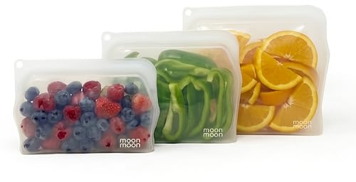 Moonmoon Reusable Silicone Food Bags | Leakproof Reusable Freezer Bags | Set of 3 Silicone Pouches (clear)