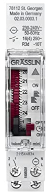 Grässlin 02.03.0003.1 talento 211 mini Schaltuhr analog DIN-Schiene Quarz | Hutschienenmontage, mechanisch, 1-Kanal, Tagesprogramm, 3 Tage Gangreserve, 15 min Schaltzeit, LED 300 W, Halogen 1000W, IP20