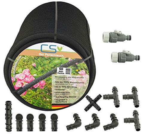 CS Premium Perlschlauch 50m – eco Bewässerungsset mit Regulierventil & Zubehör – für nachhaltige Hochbeet-, Beet- & Heckenbewässerung mit bis zu 70 % Wasserersparnis