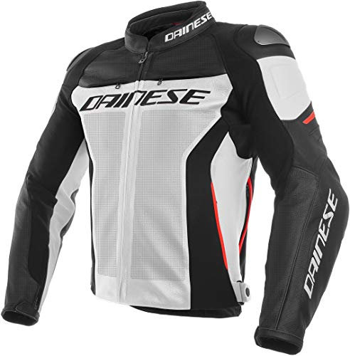 Dainese Motorradjacke mit Protektoren Motorrad Jacke Racing 3 Lederjacke perforiert weiß/schwarz/rot 60 (XXL), Herren, Sportler, Ganzjährig