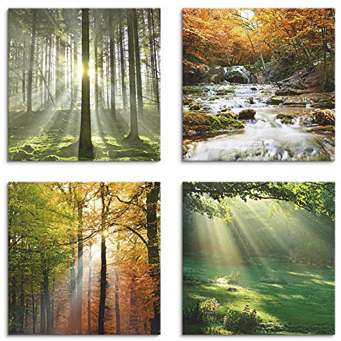 ARTLAND Wanddeko Leinwand Bilder Natur Set 4 tlg. je 30x30 cm Quadratisch Wandbilder Landschaft Herbst Wald Grün Wasserfall Herbsttag S6MK