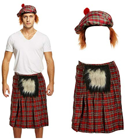 Lizzy Skotsk kostym för män Scotsman KILT + TARTAN HAT Hair Burns Night Fancy Dress UK