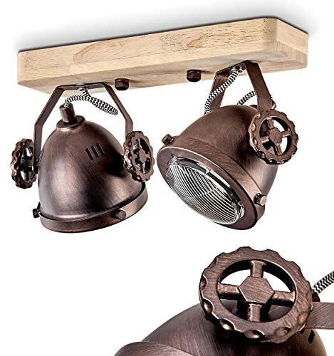 HOFSTEIN Deckenleuchte Herford, verstellbare Deckenlampe aus Metall/Holz/Glas in Natur/Rost/Klar, Leuchte im Industrial/Retro/Vinntage-Design, 2 x GU10, Esszimmmer, Schlafzimmer, Wohnzimmer, Küche