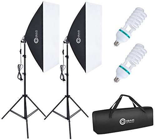 OMBAR Kit Iluminacion Fotografia con 2 Softbox de Nailon 50×70cm y 2 Bombillas de 135W 5500K E27 y 1 Bolsa de Transporte, para Videos de Retrato de Estudio, Luz para Estudio Fotográfico Profesional