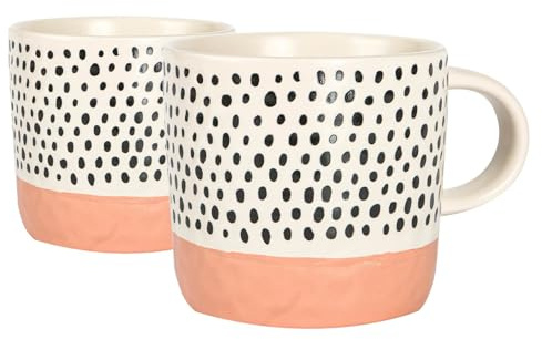 Nicola Spring Ceramic Coffee Mugs Set - 385ml - 2pc Pink Dipped Dots Stoneware Coffee Cups Dishwasher & Microwave Safe Large Tea Mugs for Hot Drinks, Hot Chocolate, Tea