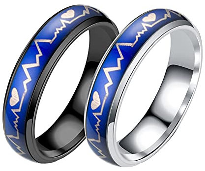 Aotiwe Verlobungsring Paar Silber Schwarz Ringe Mit Herzschlag-Temperatur-Farbwechsel, Rostfreier Stahl Damen 60 (19.1) & Herren 54 (17.2)