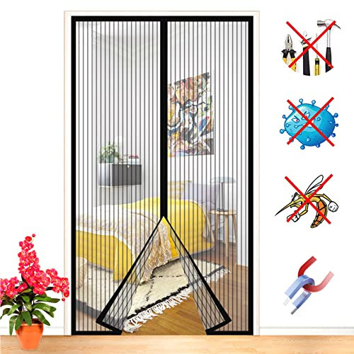 ZFEBHMY Magnetic Fly Screen Door With Powerful Magnets Mesh Fly Curtain Top To Bottom Automatically Quiet Seal Heavy Duty Bug Mesh Easy To Install Without Drilling-Black-a|| 70x180cm(27x70inch)