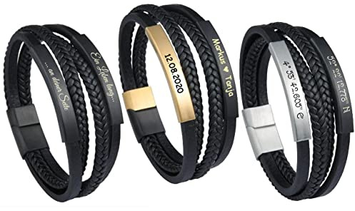 aplusashop Leder Armband mit zwei Edelstahlplatten + Gravur nach Wunsch 3 Varianten 20,5 cm