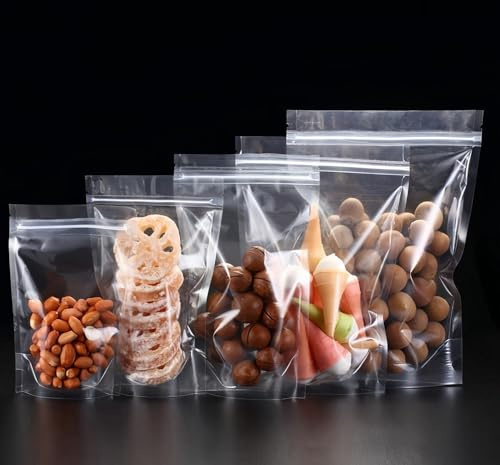 Rimiko 50 Sachets Alimentaires Zip Refermable Debout, Sachets de Nourriture Dressées Transparent pour Stockage, Pochettes d'emballage Hermétiques Stand up pour Conservation des Aliments (14x20cm)