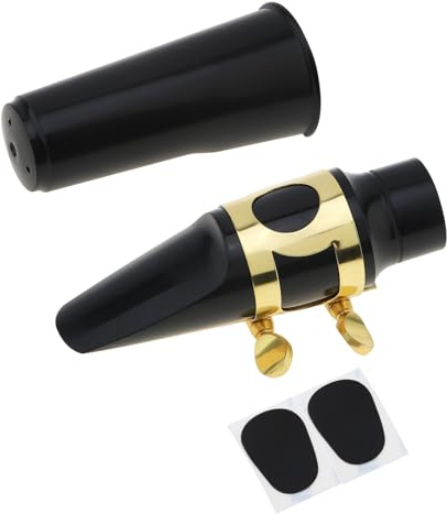OriGlam Alto Sax Saxophone Mouthpiece, Professional, Lightweight, Black, Metal Buckle Reed, ABS, Brass Goldplated Ligature, Plastic Cap, B♭, Saxophone Mouthpiece