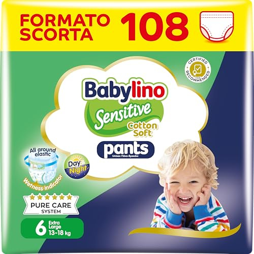 Babylino Sensitive Cotton Soft, 108 Couches Culottes, Taille 6 (13-18 Kg), Pack 1 Mois
