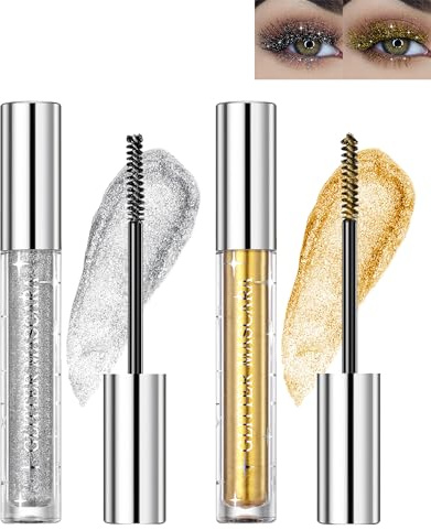 Glitter Mascara-2 Farben Gold Silber 4D Glitzer Wimperntusche, Glänzende Diamant Langlebige Volumizing Curling Verlängerung Wimpern, Wischfester Schimmern Augen Makeup Für Frauen Partys-Gold Silver