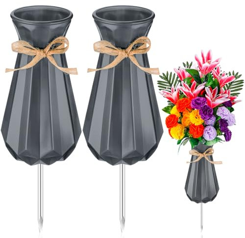 Qinyoung 2 Pcs Cemetery Vase for Grave with Metal Spikes Headstones Memorial Flower Holder Durable Plastic Grave Vases Outdoor Cemetery Decoration for Memorial Gifts Loss of Loved One(Gray)