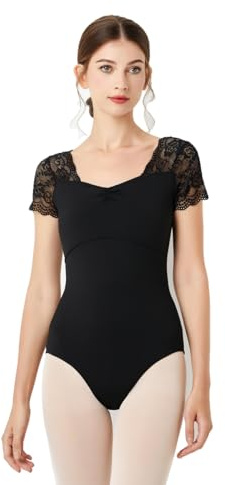 Lanbodance Justaucorps à manches courtes pour femmes pour la danse de ballet, costume de danse pour ballerine adulte, Dentelle noire, Large