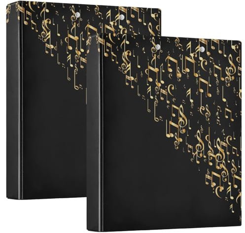 Quteprint Ringbuch mit 3 Ringen, Musiknoten-Gold, 3,8 cm, runder Ringordner mit 3 transparenten Innentaschen, Ordner-Organizer mit Klemmbrett für Büro, Zuhause, Schule, hält 200 Blatt, 2 Packungen