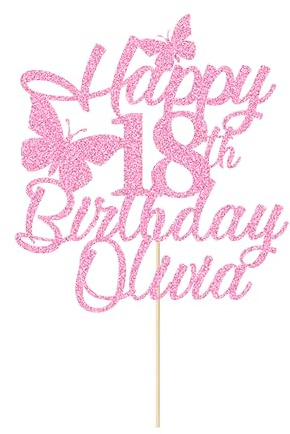 Personalised Happy Birthday Double Sided Glitter Butterfly Cake Topper Decorations for Women Men Girl Boy (Baby Pink)