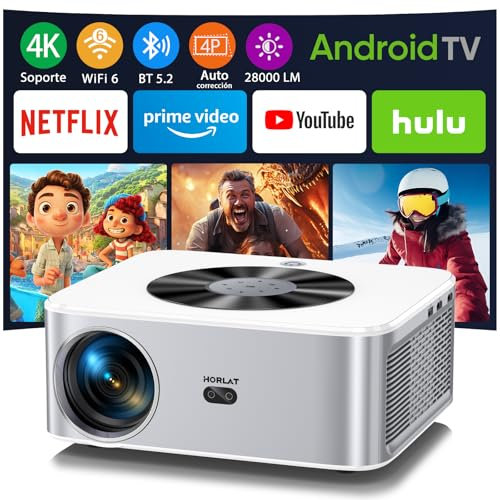Proyector【Android TV】 Horlat 4K Soporte Projector 6G WiFi Bluetooth,28000 Lúmenes 300'' Display Proyector, con una Aplicación Incorporada Netflix/Youtube/Prime Video