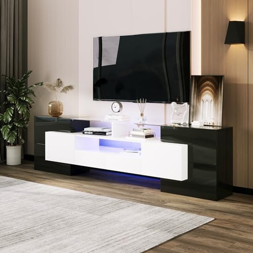 MSMOK Mobile TV elegante, Lowboard. 200 cm, illuminazione a LED, mobili per soggiorno. Design moderno. Elegante superficie in vetro. (Nero e bianco + truciolato)