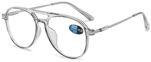 ABETOS Pilot läsglasögon män kvinnor blått ljusfilter retro mode pilotglasögon pilotglasögon med läshjälp synhjälp full kant datorglasögon med sikt, Transparent grå, Einheitsgröße