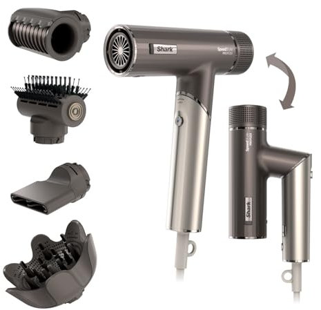 Shark SpeedStyle Pro FLEX Hair Dryer, High Performance High-Velocity Hair-Dryer w/ 4 Styling Attachments, Lightweight, Ionic, No Heat Damage, Folding Handle, For All Hair Types, Mocha Silver HD542UK