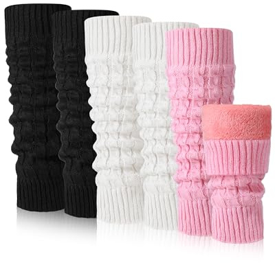 Chuarry 3 Pairs Winter Fleece Lined Leg Warmer for Women Skating Leg Warmer Long Boot Socks for Women Skating Every Day Wear (Cable Knit Pattern, Black,White,Pink)