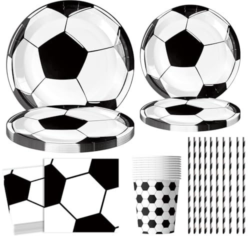FORYNXHWIN 60 Stück FußBall Partygeschirr Set, Fussball Teller und Becher Set, Fussball Geburtstag Geschirr, Party Deko Set, Kindergeburtstag mit Pappteller Becher Servietten Strohhalme