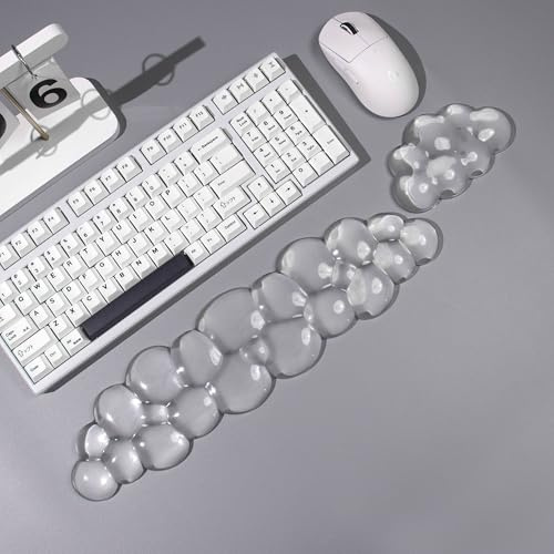 Transparente Gel-Handgelenkauflage für Tastatur und Maus, weiße Wolken-Tastatur-Handgelenkauflage-Set, niedliche ergonomische Silikon-Handgelenkauflage für Tastatur 60%/75% (Wolke, kurz + lang)