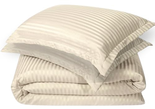 Richbond Housse de Couette 160x220 (lit 1 Place) Satinée Rayée + 1 Taie d'oreiller 70x50 - Microfibre Polyester Doublement Brossée (105 GR/m2) - Antiacariens, Entretien Facile - Oeko-TEX - Taupe