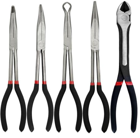 5 Packs 11 Needle Nose Pliers Set, Extra Long Needle Nose Pliers, Include Straight Long Reach Plier, 45/90°Bent Nose Pliers, O-Shaped Nose plier, Diagonal Plier for Bending Shaping Trimming