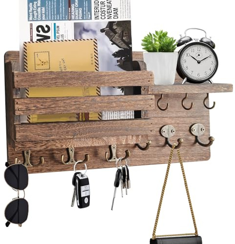 HahaGo Schlüsselbrett Holz mit Ablage, Schlüsselhalter Schlüsselregal mit 9 Schlüsselhaken, Dekoratives Holz Wandregal, Wand Schlüsselboard für Eingangsbereich, Wohnzimmer, Schlafzimmer, Küche