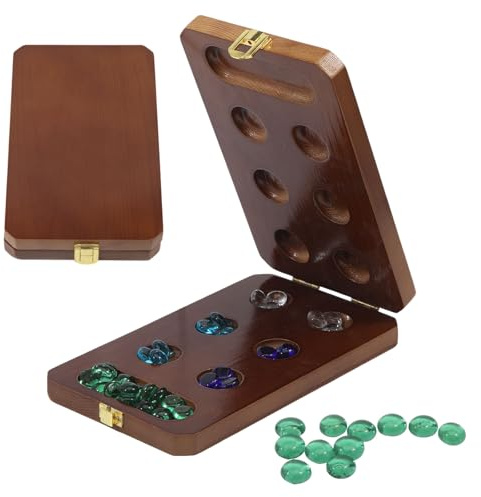 CHGCRAFT Wooden Board and Colorful Glass Stones 48 + 24 Multi Color Glass Stones Folding Board Mancala Board Game Set for Daily Life Party Festival Family Game Night