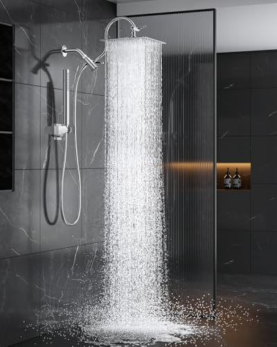 All Metal Dual Shower Heads Combo with Curved Extension Arm, 10 Rain Shower Head with Handheld Spray, Square Adjustable Rainfall Showerhead System, 71 Extra Long Shower Hose, Chrome