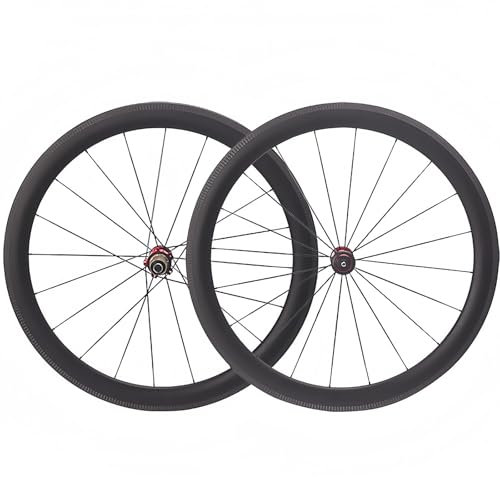 700C Carbon-Laufradsatz für Rennräder - 50mm Felge, UD-Mattbeschichtung, Scheibenbremse, Tubeless Ready, Rote Nabe, 1650g V Brake,50MM