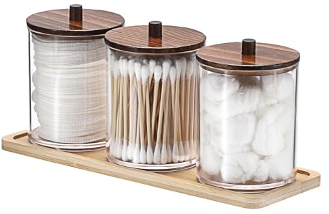 SUMTree 3 PCS Qtip Cotton Ball Holders Acrylic Qtip Dispenser with Wooden Lid and Tray, Floss Swab Dispenser, Bathroom Storage Jar Canister, Plastic Apothecary Jar for Kitchen Bathroom Dressing Table