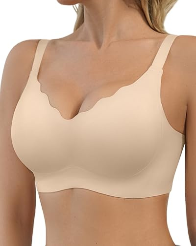 SHARICCA BH dam utan bygel – sömlös V-ringad vågiga kanter push up bh mjuk andningsaktiv sömlös bustier med bh förlängning, beige-1p04, S