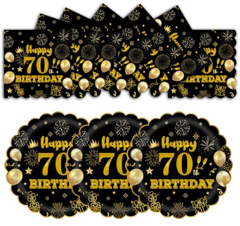 HFBOBP 50 Stück 70. Geburtstag Party Pappteller und Servietten, 17.78cm Einweg Schwarz und Gold Scalloped Dessert Partyteller Party für Hochzeit Jahrestag Dekorationen