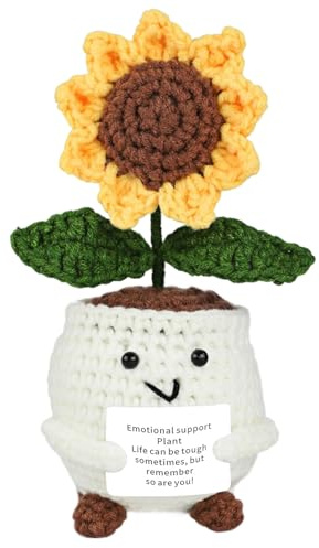 Positive Crochet Sunflower Emotional Support Plants with Encourage Card Artifical Handmade Flower Decor for Dashboard Office Home Decoration Positive Gifts for Friends Family and Lover