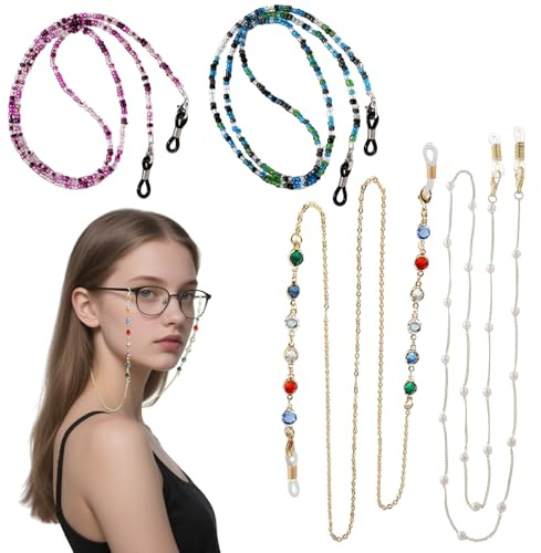 4er Pack Brillenketten Damen Anti-Rutsch Brillenketten Gold Weiß Grün Lila Geeignet für Sport und Alltag Elegante Brillenketten Damen Modern Geeignet für Frauen