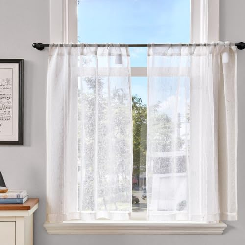 TOPICK Scheibengardinen 2er Set Halbtransparent Bistrogardine Leinen Durchsichtig Kurzgardine Landhausstil, H90 x B65 (cm) Vorhänge mit Stangedurchzug Leinenoptik Küchengardinen Wohnzimmer Beige