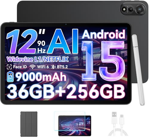 Blackview Mega2WiFi Tablet 12 Zoll Android 15 Tablet mit Stift, 36GB RAM + 256GB ROM(2TB TF), 2K 90Hz FHD+ Display, WiFi6, Octa-Core 2.0GHz, 9000mAh/16MP+8MP/Bluetooth 5.2/Widevine L1/Face ID/GMS