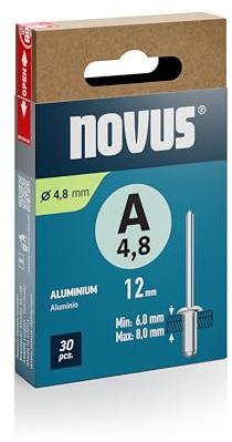 Novus Tools Aluminium-Blindnieten Ø 4,8 mm, 12 mm Länge, 30 Nieten | Klemmlänge 6,0 - 8,0 mm, Nietmittel zur Befestigung von Nichteisen-Metall, Kunststoff, Leichtbaumaterial, Leder und Stoffen