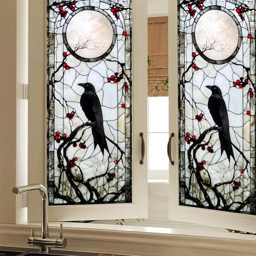 HOMETITUTE Gothic-Rabe-Folie, 45x100 cm, Buntglas-Sichtschutz, Sonnenschutz, statische Haftung, Aufkleber, Mond-Beeren-Reben-dekorativ