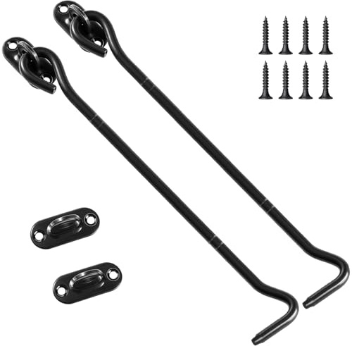 kuou 2 Pack 8 Inch Hook and Eye Latch, Stainless Steel, Black | 6MM Thick Polished Steel, Rust Resistant, With Screws, For Doors, Gates, Windows, Sheds And Closets