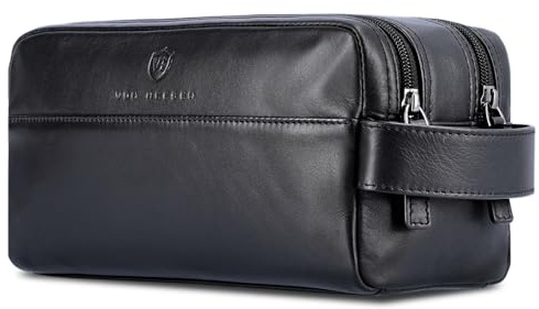 VON HEESEN Kulturbeutel Leder Kulturtasche für Herren & Damen - Echtleder Necessaire ideal zum Reisen - Waschtasche und Kosmetiktasche mit Zwei Hauptfächern schwarz, groß