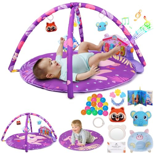 VEXLIN Baby Play Gym with Activity Mat, Musical Toy Panel, Hanging Sensory Toys & Tummy Time Mat, Soft Padded Infant Play Mat for Newborns & Babies