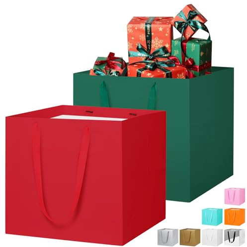 LVNRIDS 2 Stück Geschenktüte Groß, 30 cm Quadratische Geschenktüten Papiertüten, Geschenk Tüten für Weihnachten Hochzeit Brautjungfer Geburtstag rot/grün